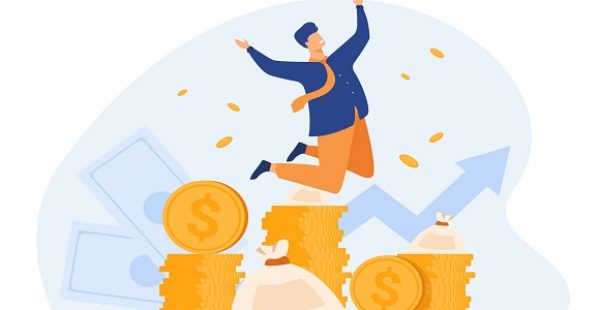 Happy rich banker celebrating income growth. Broker enjoying success in stock market trading. Flat vector illustration for money, finance, millionaire concept
